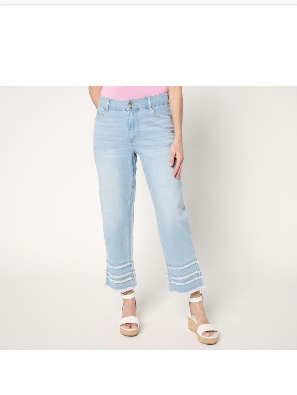 Laura Geller Denim Cropped Jeans with Tiered Frayed Cuffs - Light Blue